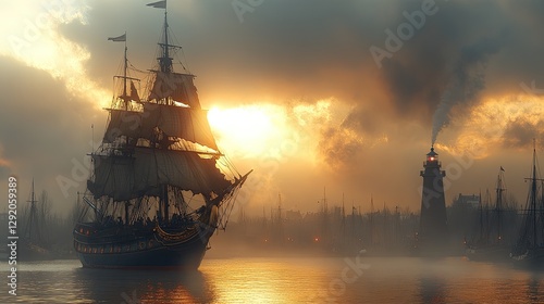 Wallpaper Mural Antique sailing ship at sunset, near lighthouse and harbor. Illustrates adventure, exploration, and maritime history. Torontodigital.ca