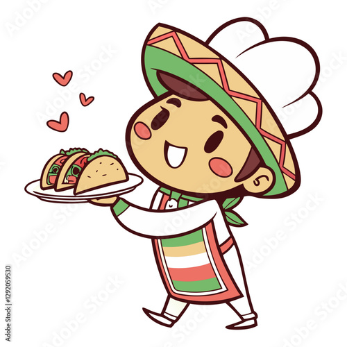 A cheerful Mexican chef dressed in traditional attire grins widely while presenting a plate of tacos, showcasing his passion for cooking. Colorful decorations add a lively touch to the background