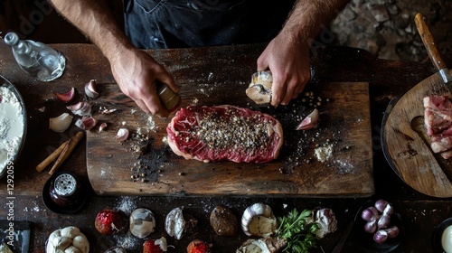 Chef Throwing Salt on Raw Beef Steak on Wooden Cutting Board. Preparation of Meat, Ingredients Around.