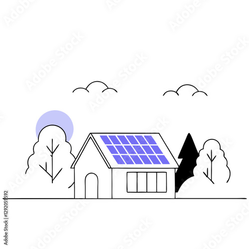 Bright solar panels are mounted on a house roof, showcasing a commitment to renewable energy. Lush trees frame the setting under a clear sky, promoting a sustainable lifestyle