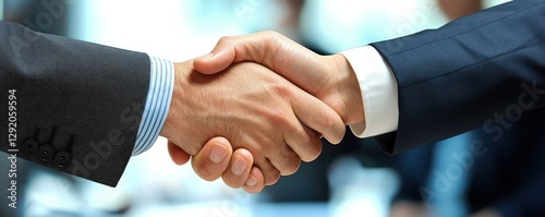 A handshake in a corporate office, with a blurred background symbolizing professionalism