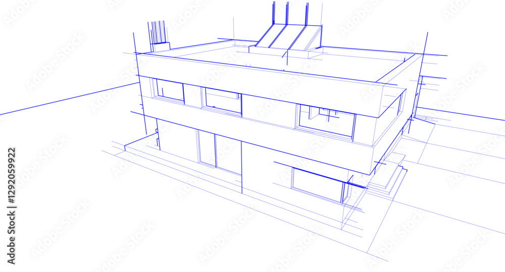 Futuristic Architectural Wireframe. Abstract Modern Building Design in Digital Sketch Style