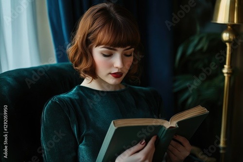A young woman with bobbed red hair, dressed in emerald velvet, engrossed in reading a book by a window.