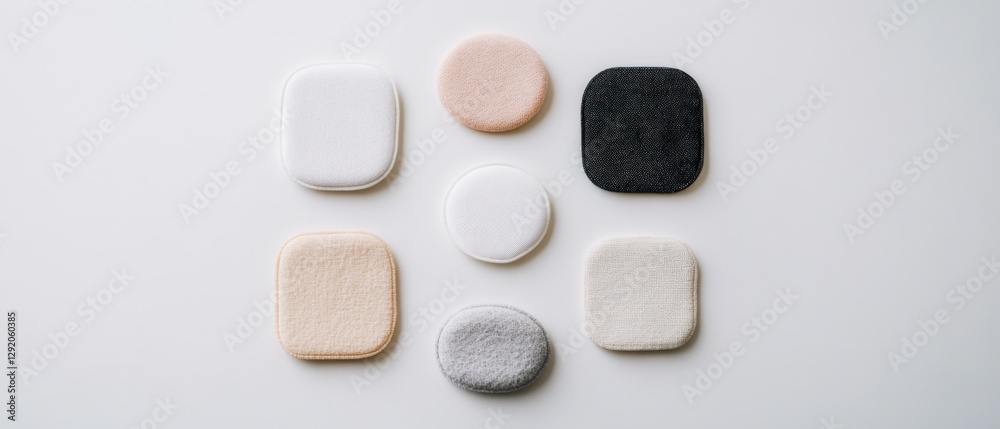 Variety of pastel colored makeup sponges on white surface. Variety of pastel colored makeup sponges on white surface.