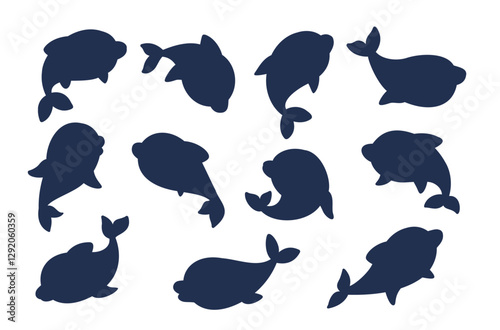 Dolphin silhouette set. Black minimal icon. Fish, underwater character in different poses. Oceanarium logotype design. Animal mammal, marine life. Water inhabitant. Vector cartoon isolated set