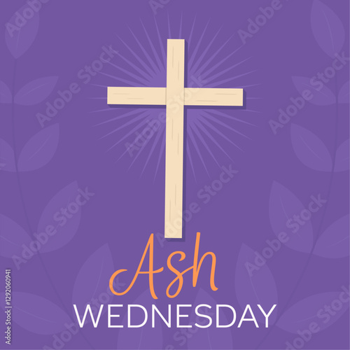 Celebrating Ash Wednesday. A cross on a purple background with leaf pattern to represent the religious holiday.