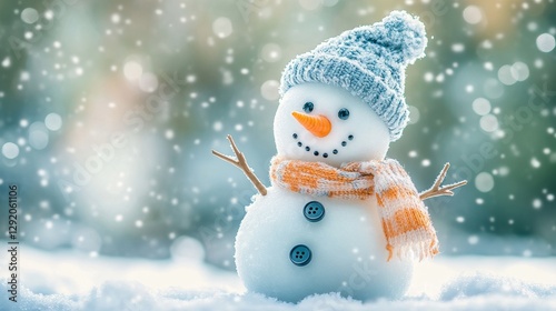 Snowman with a carrot nose, hat, scarf, coal buttons and stick arms standing outside on a winters day. Concept of winter, snow and childhood. Shallow field of view.