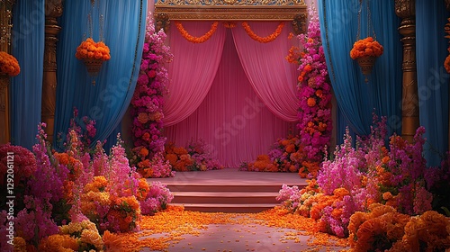 Wedding stage with vibrant floral arrangements images
