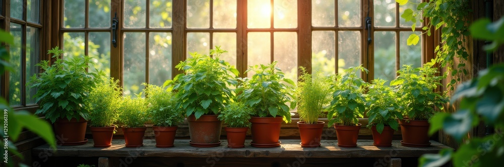 Fototapeta premium Sunlight streams through a rustic window, illuminating a row of vibrant green potted plants, creating a serene indoor gardening atmosphere.