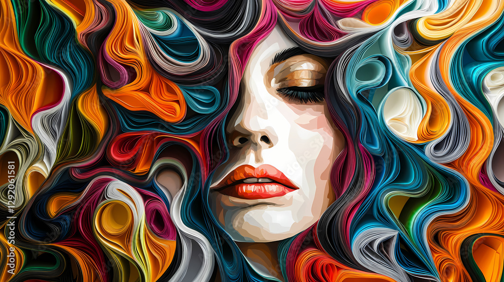 Obraz premium A striking portrait of a woman's face, framed by a cascade of vibrant, abstract paper swirls in a kaleidoscope of color. Abstract Kaleidoscope Portrait. Illustration