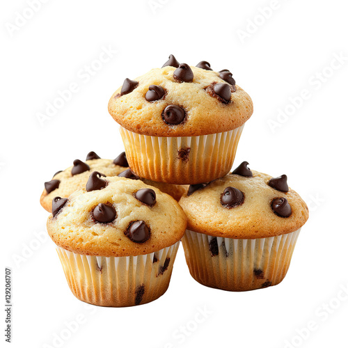 a PNG image of a bunch of vanilla chocolate chip muffins stacked together for food photography