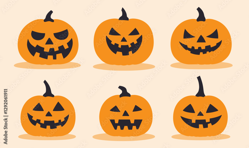 Flat Minimalist Halloween Pumpkins with Scary Faces Vector Set for Spooky Designs Flat Minimalist Halloween Pumpkins with Scary Faces Vector Set for Spooky Designs