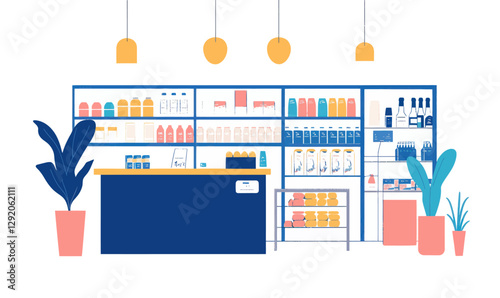 Minimalist Flat Vector of Supermarket Interior Design with Shelves and Products