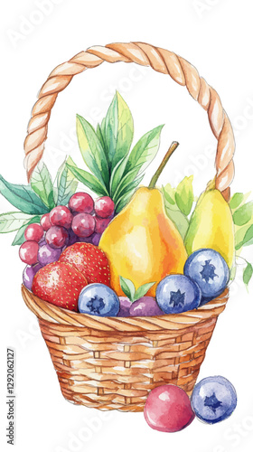 Watercolor Illustration of Fruit Basket with Pears, Berries, and Leaves for Decor