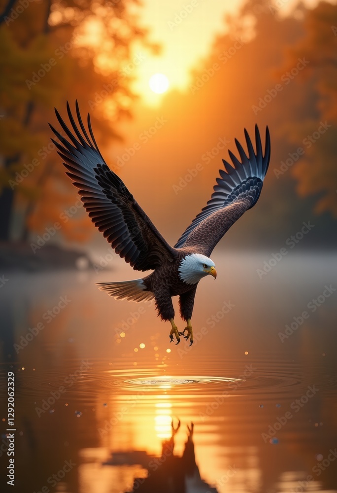 Obraz premium A majestic eagle swoops down over a tranquil lake at sunrise, capturing the beauty of nature in a moment of striking elegance and powerful grace.