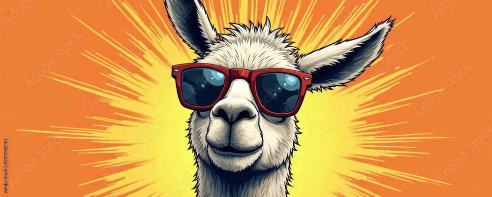 Naklejka premium A cheerful llama wearing red sunglasses against a vibrant orange background, radiating fun and positivity. perfect for playful designs and marketing materials.