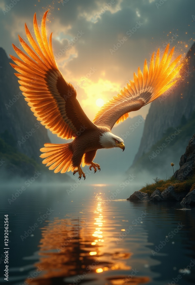 Obraz premium majestic eagle with vibrant, glowing wings soaring over a tranquil lake at sunset, surrounded by dramatic mountains and mist.