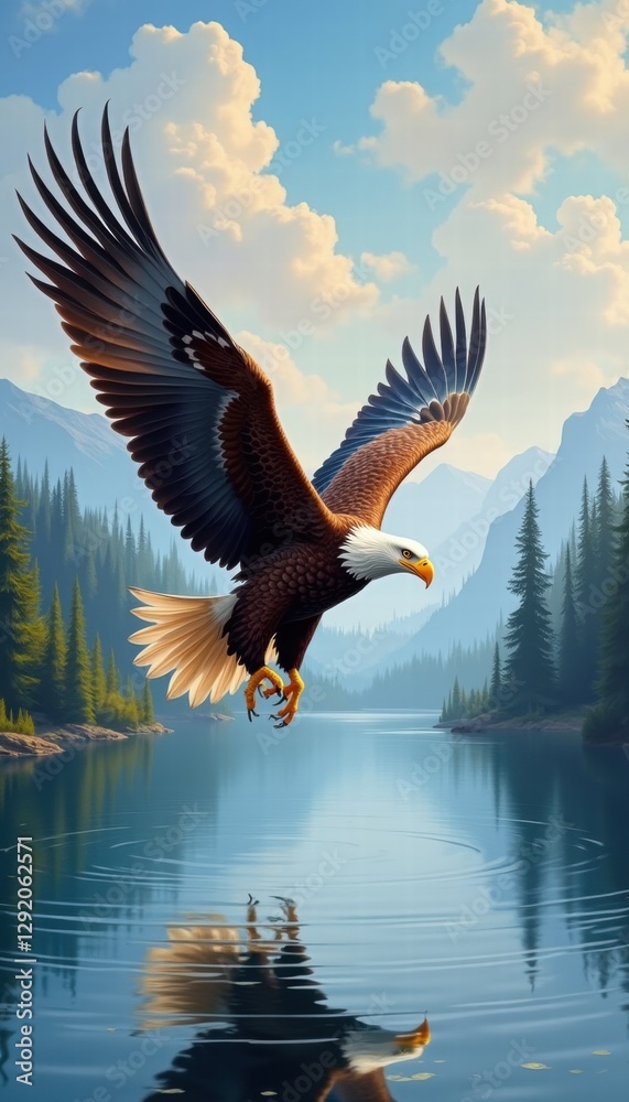 Fototapeta premium Majestic bald eagle soaring over a serene lake, framed by lush pine trees and majestic mountains, capturing the essence of freedom and beauty in nature.