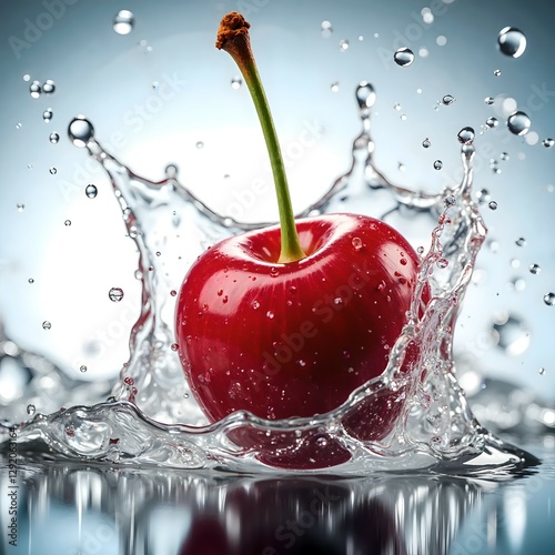 Perfectly Ripe Cherry on Minimalist Background with Water Droplets