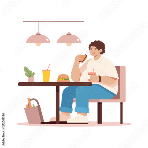 A fat man sitting in a cafe, enjoying a meal. Young man is eating a sandwich while holding a drink with a straw, and a burger sits on the table. Fast food concept vector illustration isolated on white