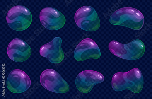 Cartoon soap bubbles. Different distorted shapes, flying balls, lossy transparent shiny objects, inflatable colorful isolated elements, iridescent deformation soapy spheres nowaday vector set