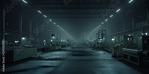 Factory in total darkness except for emergency lights, power outage, industrial shutdown, energy failure

