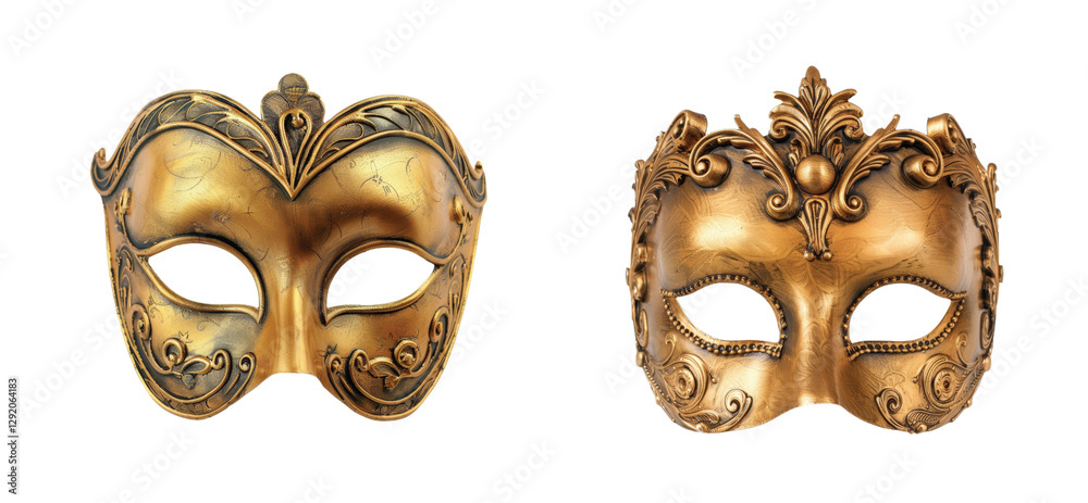 Elegant gold masks with ornate details and intricate designs for costume and theater events Elegant gold masks with ornate details and intricate designs for costume and theater events