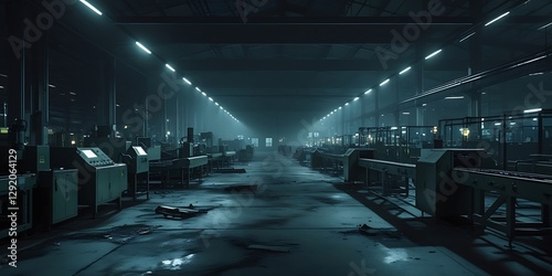 Factory in total darkness except for emergency lights, power outage, industrial shutdown, energy failure

