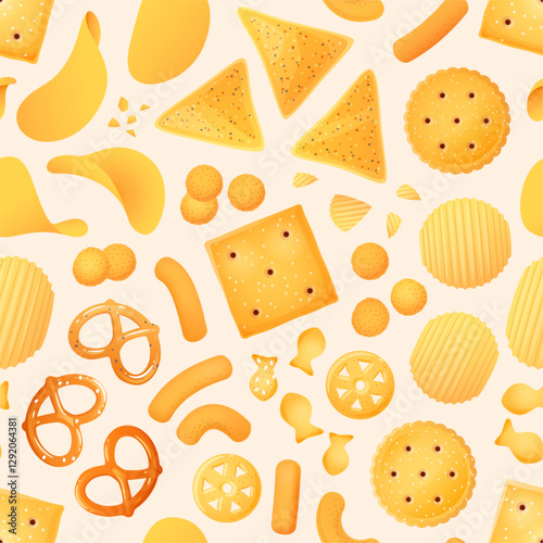 Cartoon salty snacks seamless pattern. Crispy chips, nachos, pretzels and crackers, repeated crunchy unhealthy beer food. Decor textile, wrapping, wallpaper. Print for fabric vector background