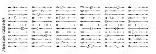 Boho arrows. Silhouette black icons collection, different plumage, american indian ethnic style outline, decorative native tribal elements with plumage, line elegant tidy vector isolated set