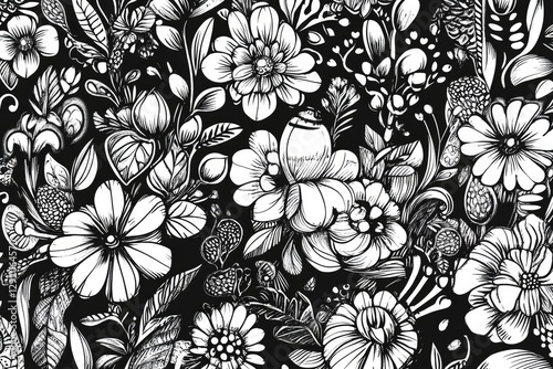 Wallpaper Mural Black and white botanical doodle pattern with intricate floral arrangements and playful abstract elements Torontodigital.ca