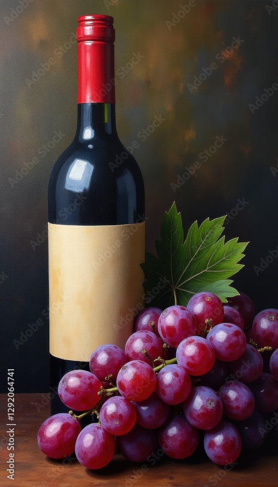 Obraz premium A beautiful still life featuring a bottle of red wine beside a cluster of fresh grapes, set against a rich, blurred background.