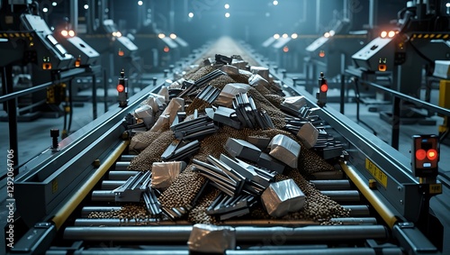 Conveyor belt jammed with unprocessed materials, supply chain failure, industrial bottleneck, production delay

