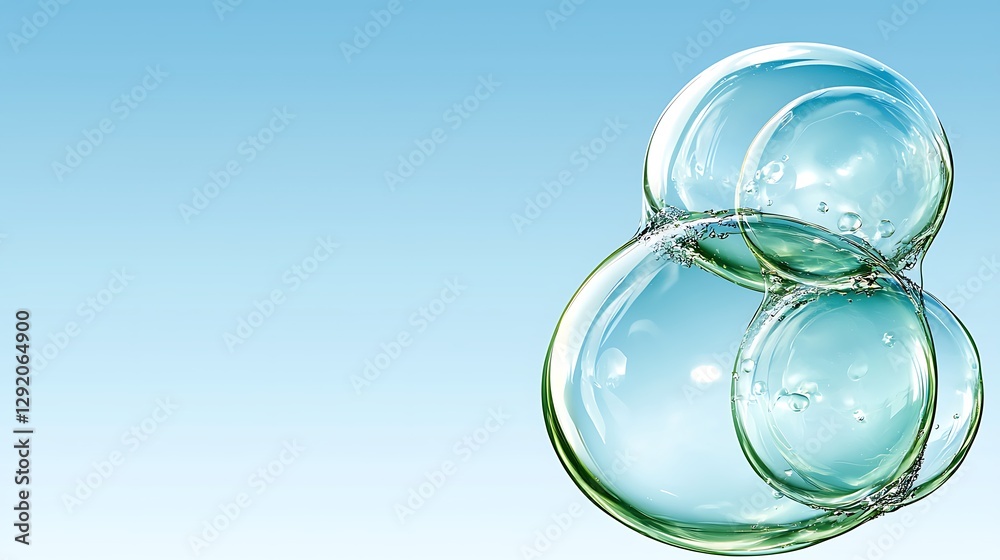 Spherical water bubbles floating in air against a blurred blue sky background, usable for clean, fresh concepts Spherical water bubbles floating in air against a blurred blue sky background, usable for clean, fresh concepts