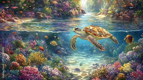 Fototapeta Naklejka Na Ścianę i Meble -  Turtle swims coral reef, sunlight streams, ocean, vibrant marine life, nature scene
