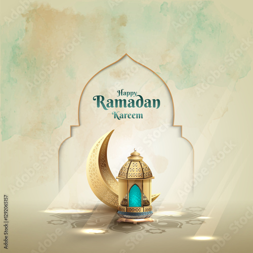 islamic greetings ramadan kareem card design with golden lanterns and crescent