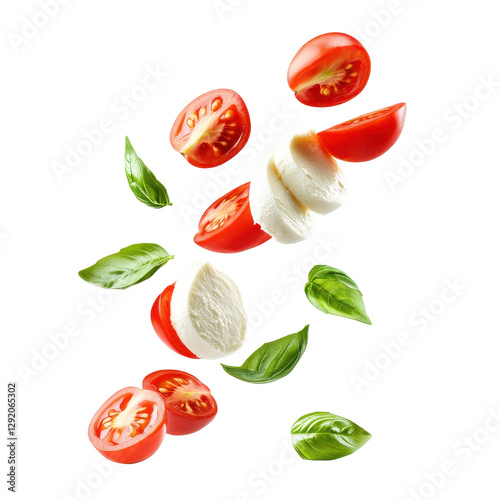 Vibrant mozzarella, tomato, and basil slices creating a fresh culinary explosion in mid air, Falling slices mozzarella, tomatoes and basil, isolated on white background