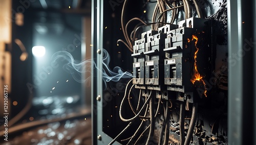 Overheated and burnt-out electrical panel, power surge damage, maintenance failure, electrical hazard

 photo