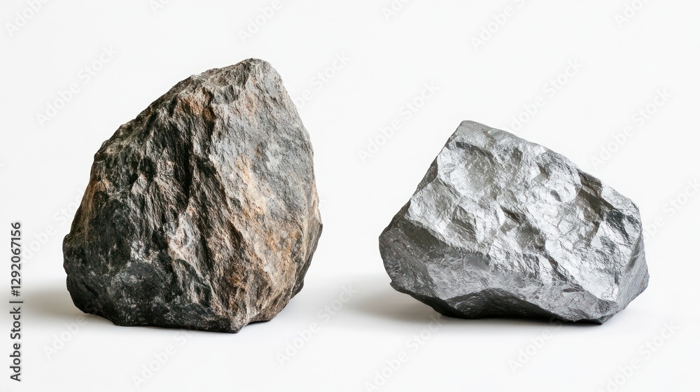Two rocks, grey and brown, on white background, geology samples, nature study Two rocks, grey and brown, on white background, geology samples, nature study