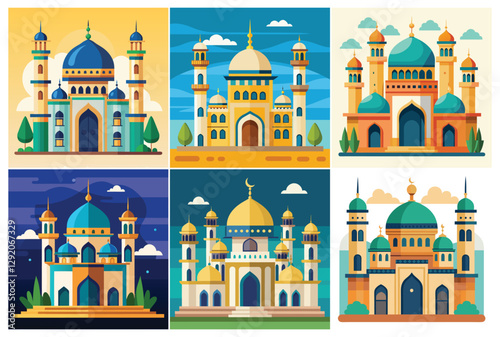 Set of Colorful Islamic Mosque Illustrations Vibrant Architectural Landmark Vector for Religious and Cultural Design

