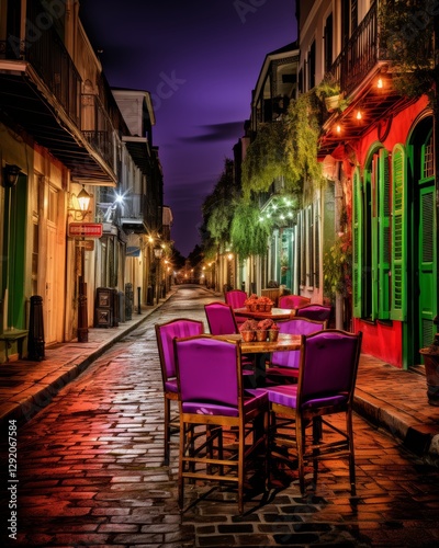 Romantic French Quarter Cobblestone Street With Outdoor Cafe at Twilight in New Orleans