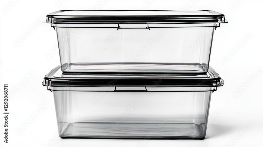 Stacked clear plastic storage containers; white background; organization; home storage Stacked clear plastic storage containers; white background; organization; home storage