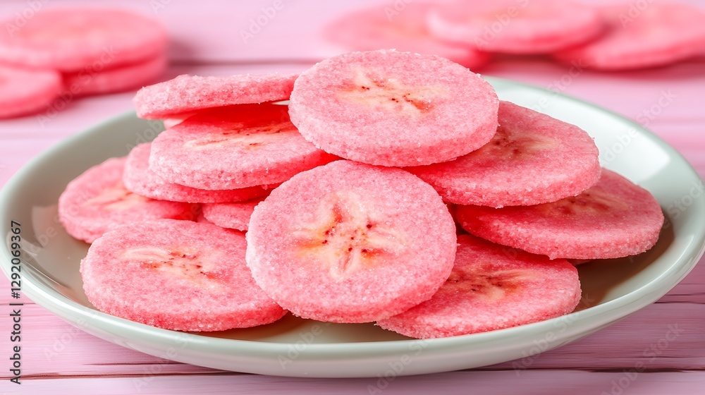 Stacked pink banana-shaped cookies on mint green plate, pink wooden background