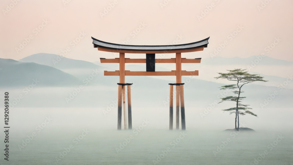 Tranquil Misty Landscape with Traditional Japanese Torii Gate and Solitary Tree Tranquil Misty Landscape with Traditional Japanese Torii Gate and Solitary Tree