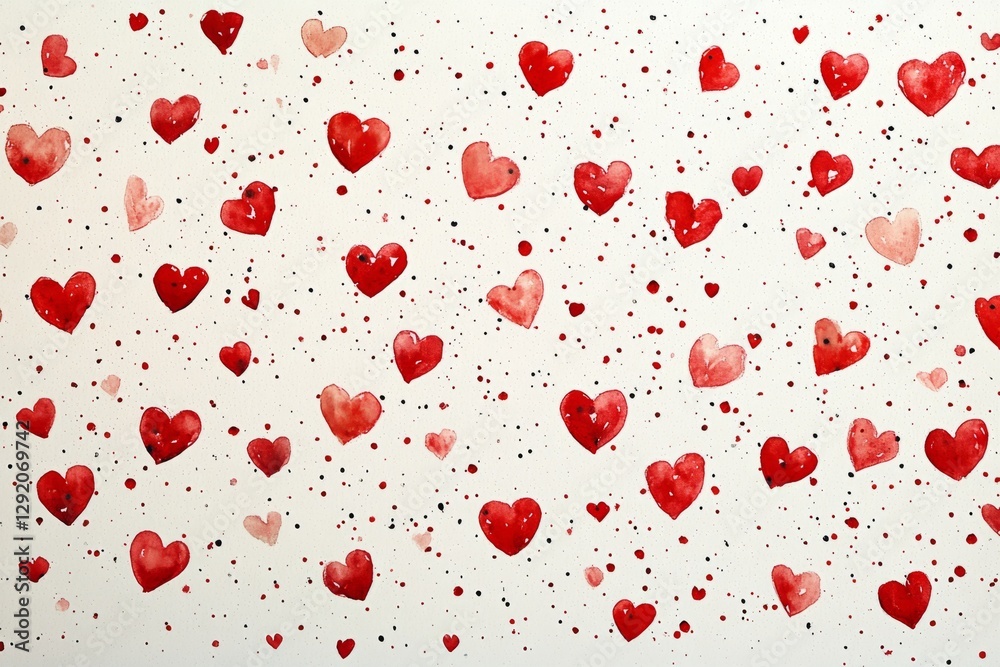 Red watercolor hearts creating a romantic pattern on a white background Red watercolor hearts creating a romantic pattern on a white background