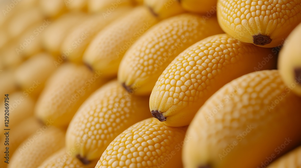 Stacked yellow textured fruits, close-up view, market stall background Stacked yellow textured fruits, close-up view, market stall background