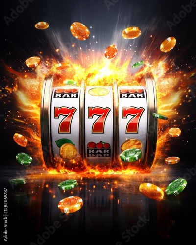 Virtual Casino Jackpot A Slot Machine Explodes in a Fiery Celebration with a 777 Win
