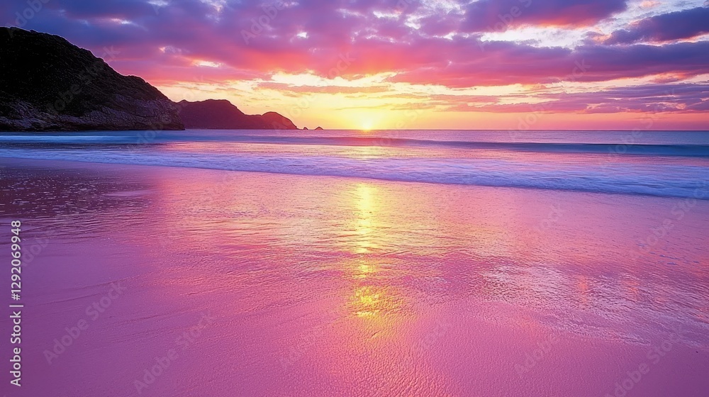 Fototapeta premium Pink sand beach sunrise, ocean waves, coastal hills, tranquil scene, travel postcard