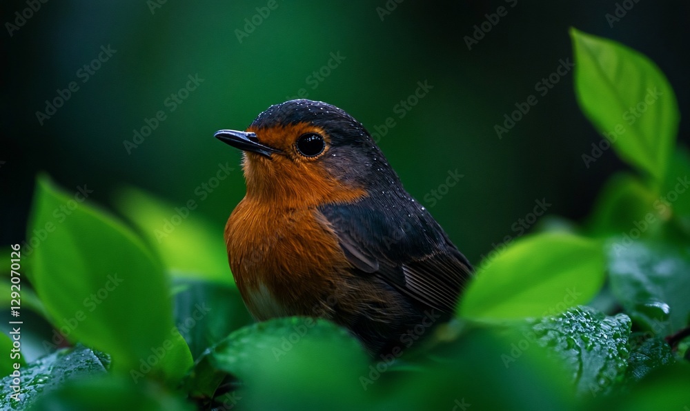 Robin bird resting in green leaves, garden background, nature photography for websites Robin bird resting in green leaves, garden background, nature photography for websites