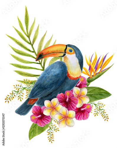 Toucan sits on branch in tropical flowers and lush greenery. Watercolor painting tropics composition consisting of  hibiscus, plumeria and green palm leaves.
